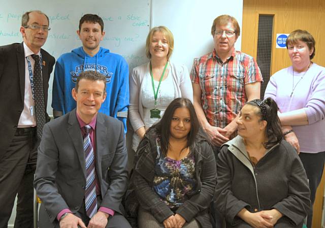 Councillor Colin Lambert, Tony Foster, Tracy Butler (Tutor), Shaun Donnelly, Elaine Launder.  Front row, left to right: Jim Taylor (Chief Executive RMBC), Naseem Massum, Yasmin Kauser