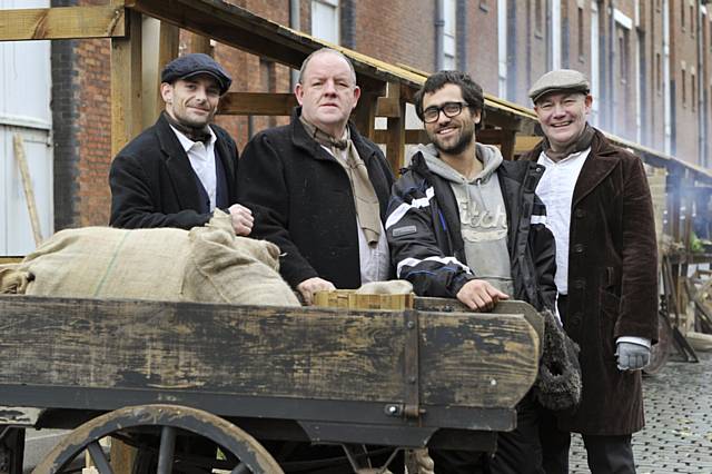 Taking a break from filming: Brent Snape, John Henshaw, John Montegrande (co-director of “The Rochdale Pioneers”) and Ian Jenkins
