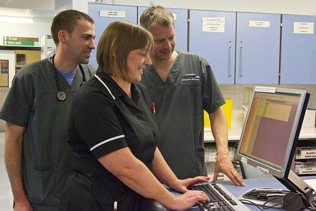 Dr Nick Gili, Julie Winterbottom, clinical matron, and Dr Tom Leckie inside the A&E department at The Royal Oldham Hospital