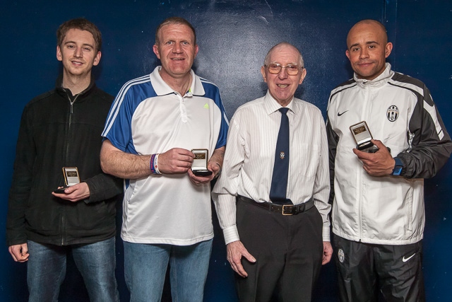 Rochdale Online Alliance League President's Cup Final<br />Officials: Iain Macdonald, Ryan Bromfield and Paul Lister receive their medals from President John Culshaw