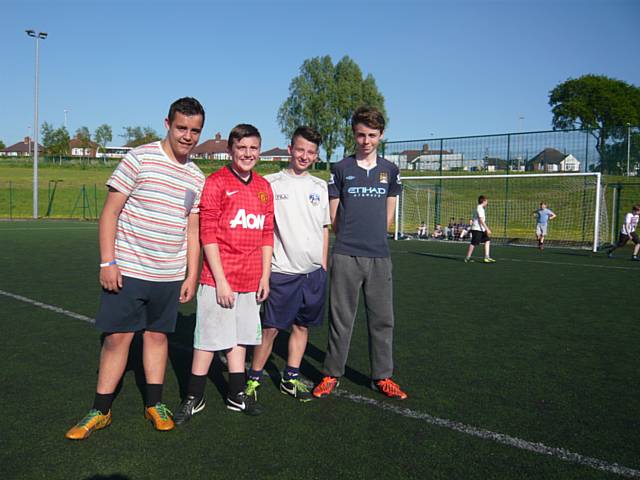 Teenagers, from different areas in Middleton, enjoying the free community football sessions at Hopwood Hall College Sports Arena.  From left to right: Josh Davidson (14), from Hollins, Ben Bentley (14), from Boarshaw, Mason Fallon (14), from Moorclose and Alex Haynes (14), from Alkrington