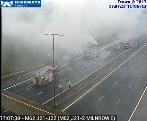 HGV trailer on fire on the M62 Westbound at Milnrow