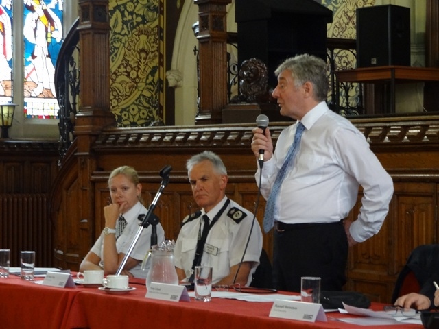 Lively debate with Greater Manchester’s Police and Crime Commissioner Tony Lloyd, Chief Constable Sir Peter Fahy and divisional commander Chief Superintendent Annette Anderson at Town Hall