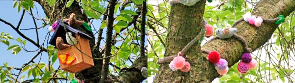 Knitted birds and pom poms in the Blossom Tree