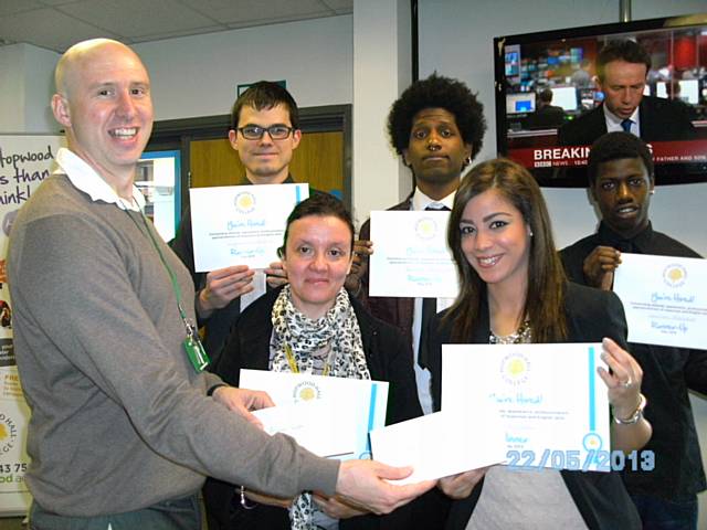 Zygimantas Buseika, Bianca Cappai, Danilson Dos Santos, Imane El-Haloui and Ivanilson Nassana with Hopwood Hall College ESOL Programme Manager, David Perry 