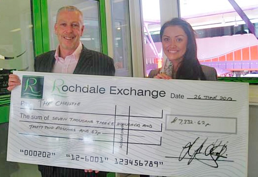 Exchange Cheque Presentation to the Christie’s Corporate Development Manager Natalie Pike by Lorenzo O’Reilly, Centre Manager