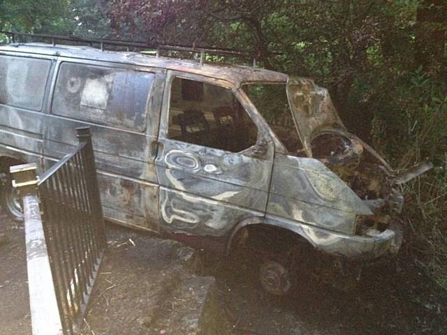 Ben Boothman's torched Volkswagen Transporter van