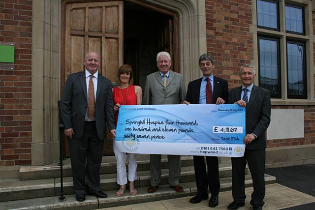 Hopwood Hall College Principal, Derek O’Toole; Hopwood Hall College Marketing Co-ordinator, Lindsay Hurst; Hopwood Hall College Vice Chair of Governors, Clive Reid, Chairman of Springhill Hospice, Robert Clegg and Hopwood Hall College Deputy Principal, John Spindler.
