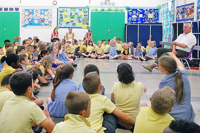 John Wilson talking to years 3 and 4