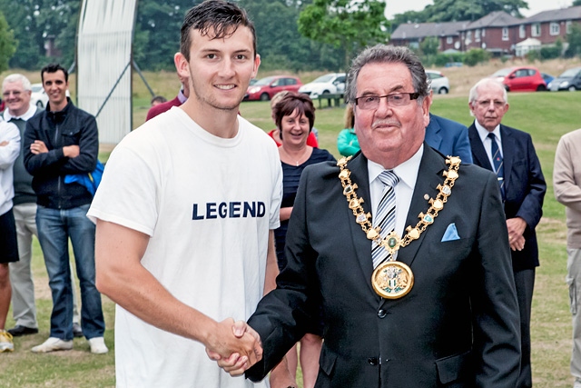 Mayor Peter Rush presents the man-of-the-match award to Scott Butterworth<br />Rochdale CC v Littleborough CC - Tom Hardman Cup Final