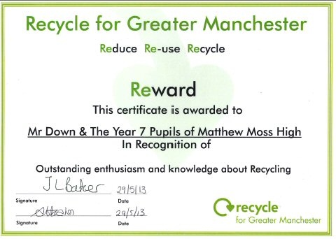 Recycling Award for Matthew Moss School
