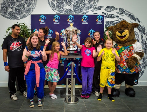 Visitors to Rochdale Leisure Centre with Link4Life staff and The Rugby League World Cup