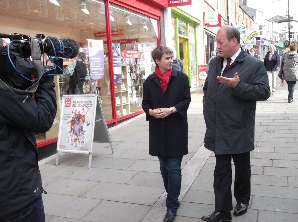 The BBC's Emma Simpson with local MP Simon Danczuk filming in Rochdale town centre