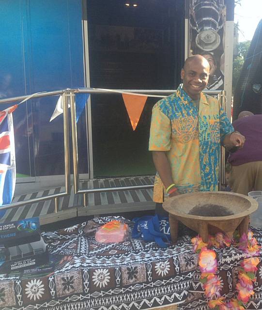 Ex-Hornets player Mike Ratu Senior, with samples of Fjian food and traditional drink