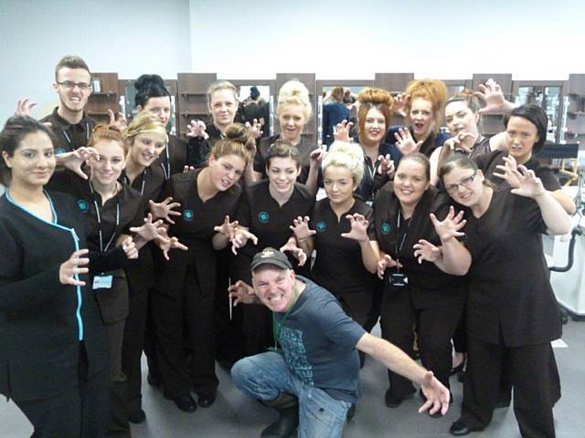 Farmer Terry Bork and the Hopwood Hall College Media make-up students