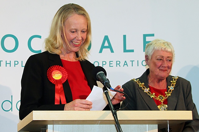 A delighted Liz McInnes with Mayor Carol Wardle in the background