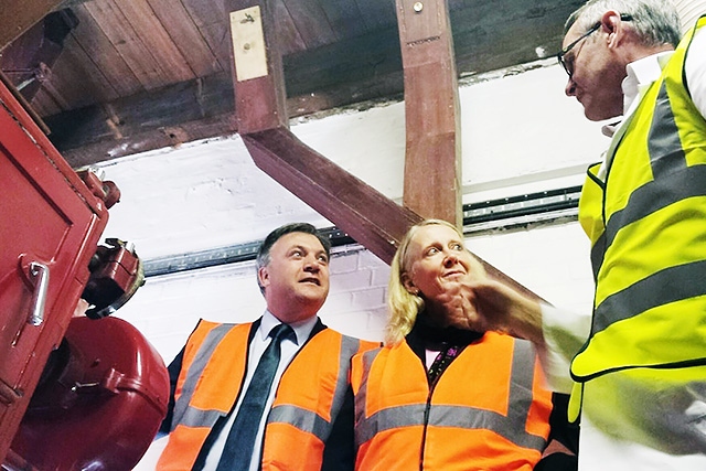 Ed Balls and Liz McInnes with Michael Lees-Jones at JW Lees Brewery