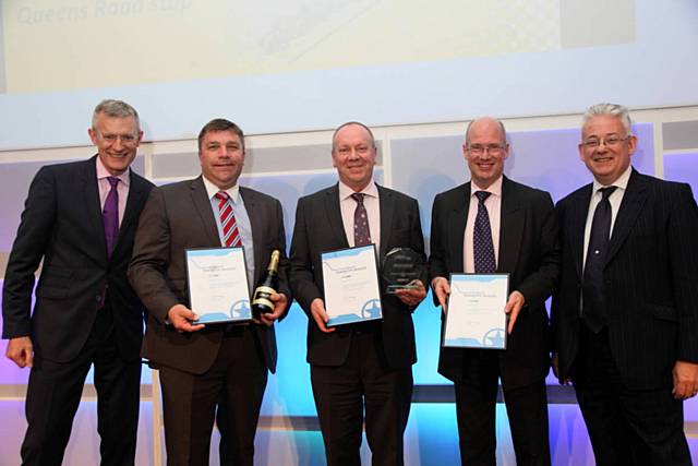 Radio and television presenter and National Transport Awards host Jeremy Vine, Deputy Chair of TfGM Committee Cllr Mark Aldred, TfGM Chief Operating Officer Bob Morris, TfGM Chief Executive Dr Jon Lamonte, and Director of Local Transport Policy at the Department for Transport Graham Pendlebury.