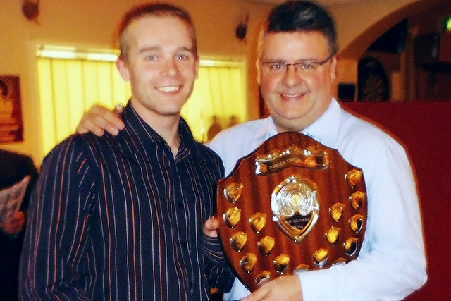 Norden Cricket Club presentation evening<br />Double trophy winner Dean Lord with Dexter Fitton