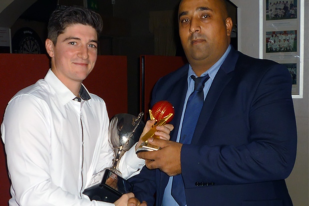 Norden Cricket Club presentation evening<br />NCC professional Daniel Salpietro presents Hashum Malik with the first team bowling award