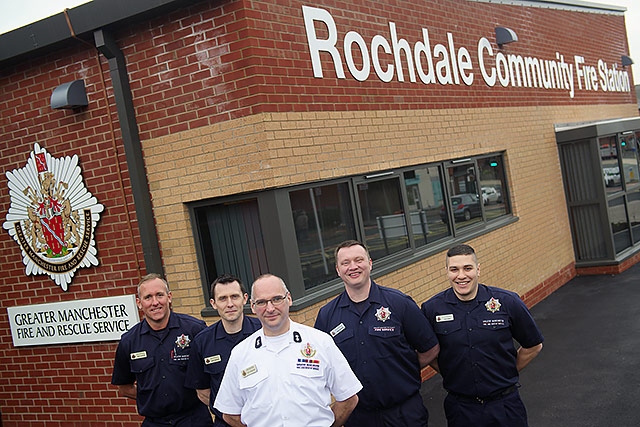 Firefighter Chris Watson, Firefighter Jon Crossley, Watch Manager Paul Wilkinson, Firefighter Gary Baxter and Firefighter Kris Ahmed at the new Rochdale Fire Station