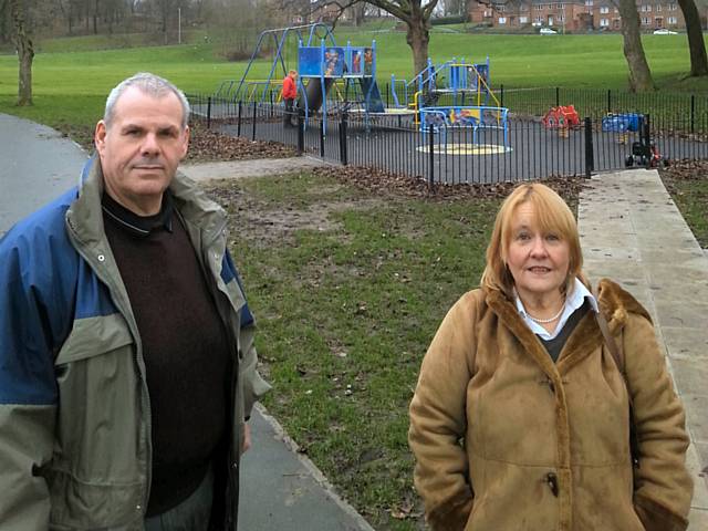 Local councillor Richard Farnell and community campaigner Kathleen Nickson campaigning to improve security in Balderstone Park 