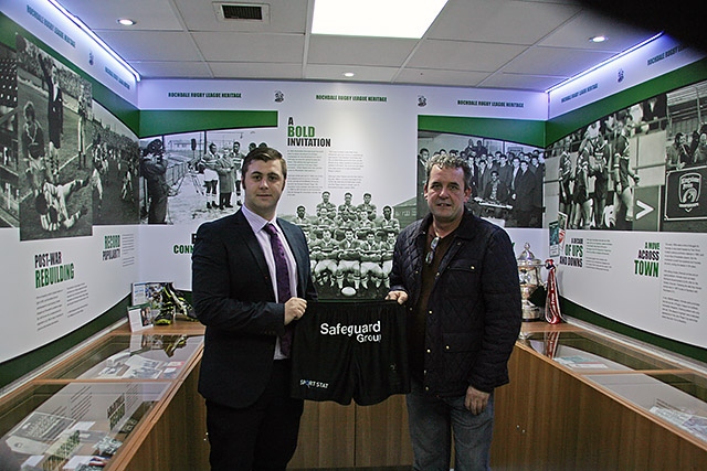 Steve Ingham in the Rochdale Hornets museum showing off his company’s sponsorship on the club’s new shorts 