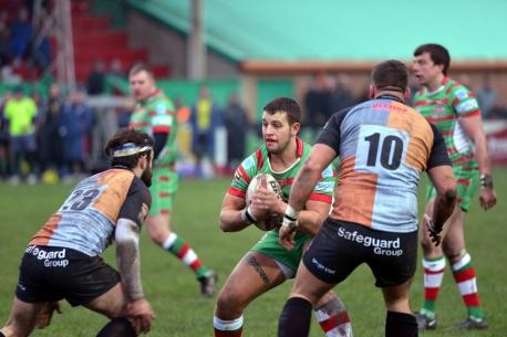 Keighley Cougars v Hornets - New signing James Dandy (23) and Danny Davies (10) show off the Safeguard logo on the new away kit