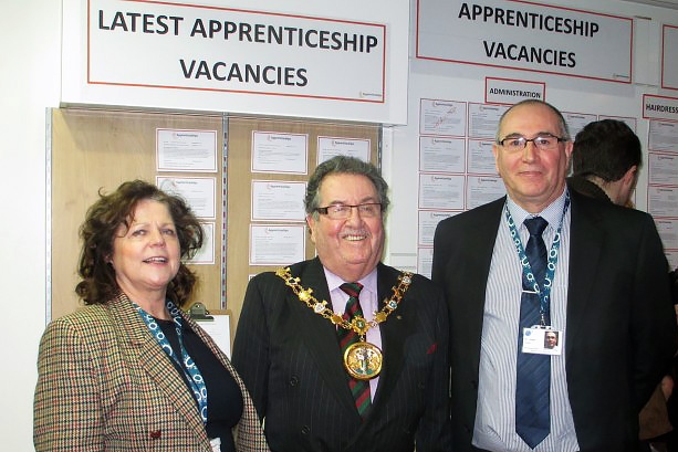 Councillor Donna Martin, Mayor Peter Rush and Andy Turner at the opening of the apprenticeship shop in Middleton