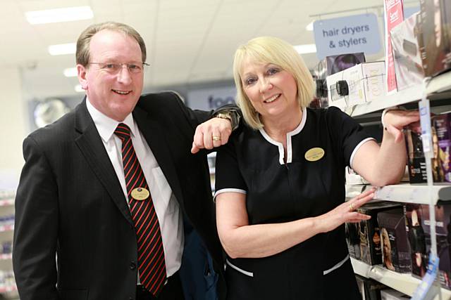 Wendy Ray with Mike Webster, Manager of Boots at Rochdale Exchange Shopping Centre 