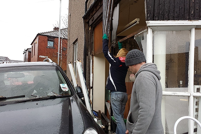 Damage caused by the wind to Garside second hand shop