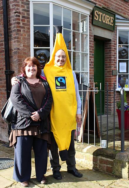 Museum volunteer Liesl Beckles with Mervyn Wilson in a banana suit 