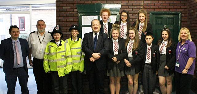 St Cuthbert Year 9 pupils with Simon Danczuk, MP, Ruth Sillence, RBH Communities First Co-ordinator and police officers