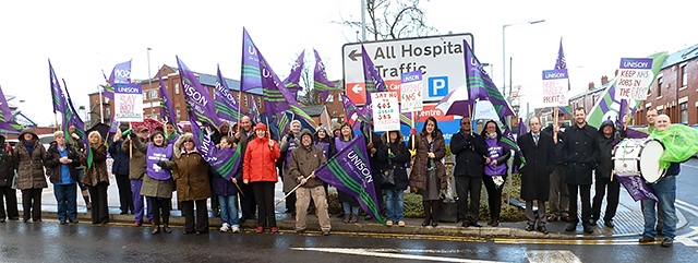 Unison protesters and Councillor Lambert outside Rochdale Infirmary