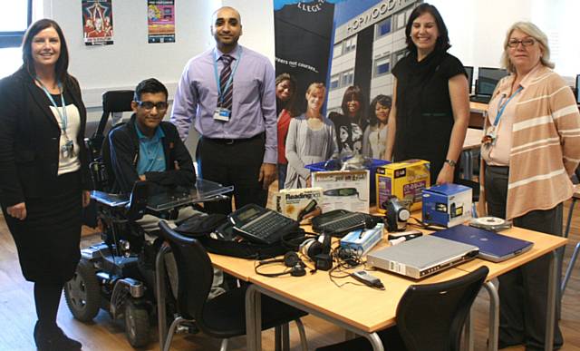 The equipment being donated to the Aaman Foundation with (left to right): Nicola Metcalfe (Student Support Manager), Aaman Majid (Student), Namaan Mohammed (Programme Manager ICT), Helen Redman (Student Support Manager), Marion O’Reilly (Note-Taker/LSA)