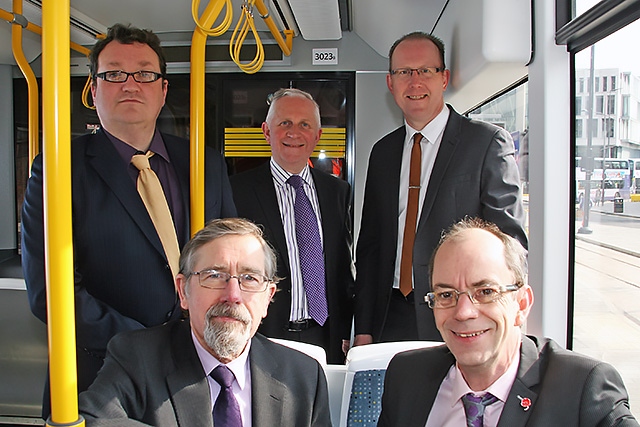 Aboard the town centre tram<br /> Back: Councillor Andy Kelly, Councillor Ashley Dearnley and RMBC Executive Director Mark Widdup<br />
Front: Councillor Andrew Fender, Councillor Colin Lambert