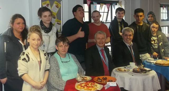 Students Emily Wright, Rachel Cullen, Nabil Adil, Jordan Anderson, Oliver Crossley, Hassan Arif, Maryam Arshad.  Front row: Amy Stevens, Sue Watson, Hopwood Hall College Deputy Principal John Spindler, Faculty Head Greg Scully and Jack Barnes