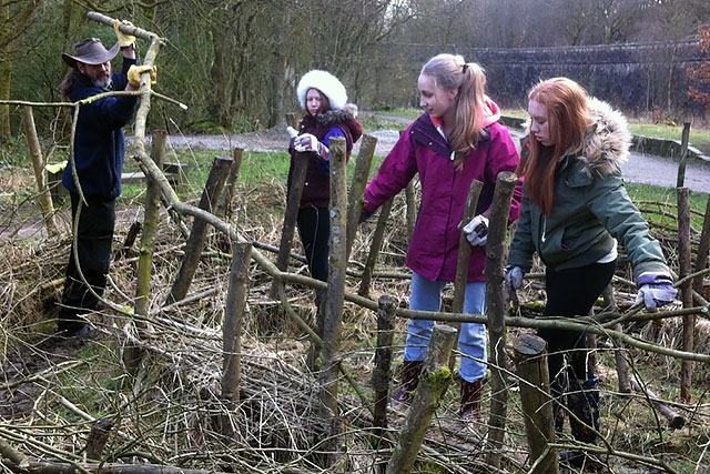 Ranger Richard Whittle and Rochdale Girl Guides create a habitat spiral for the wildlife in Healey Dell