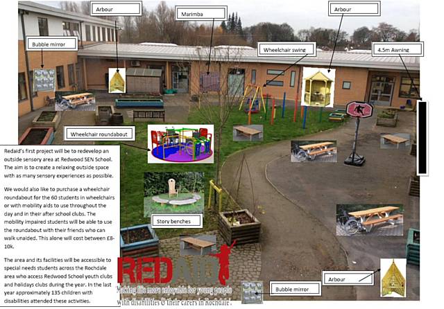 Redwood School: outside sensory area,  wheelchair accessible roundabout, accessible swing 