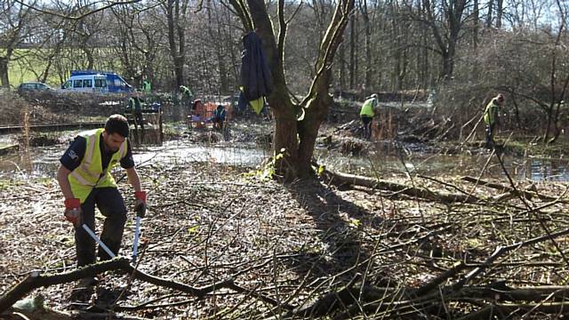 Khalil and the rest of the team, in the background, working around the pond