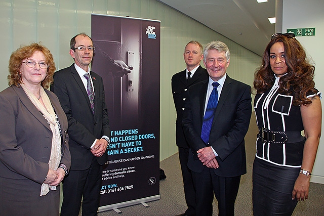 Councillor Cecile Biant, Councillor Colin Lambert, Superintendent Alistair Mallen, Crime Commissioner Tony Lloyd and Rowetta