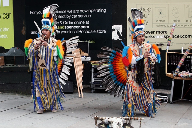 South American Quechua Indians performing in Rochdale Town Centre