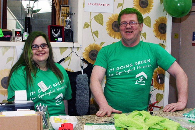 Sarah Ward and Derek Waddell going green at the Springhill Hospice shop in Heywood