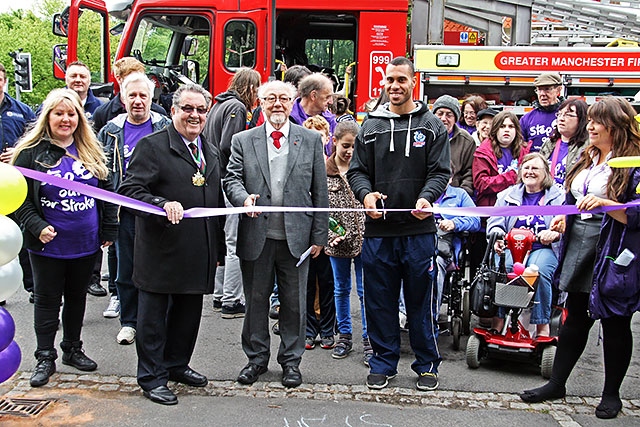 Mayor Peter Rush, MP Jim Dobbin and Rochdale Hornets star Ryan Millard officially open the walk