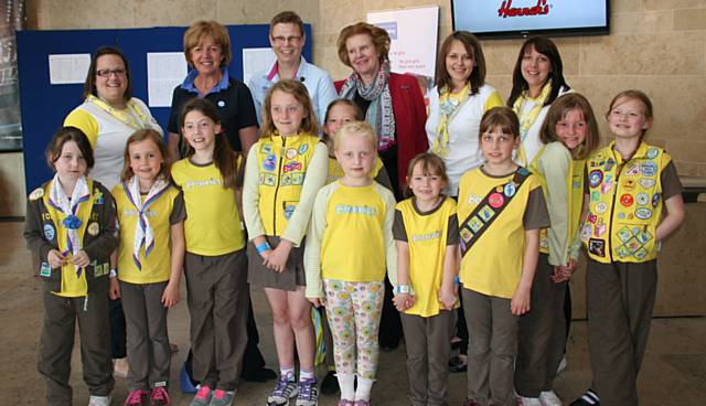 Brownies and volunteers from Bury, Oldham, Rochdale and Heywood with the Chief Guide Gill Slocombe and Region President Suzie Reynolds