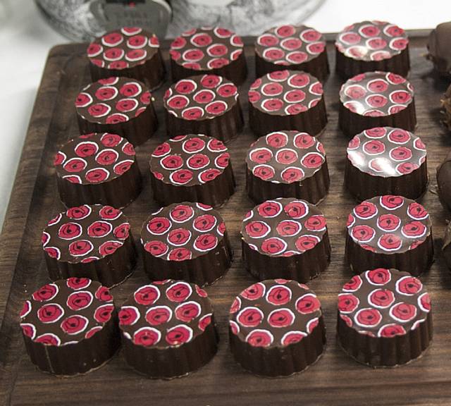 Reece Hunt’s 20 moulded chocolate pralines filled with summer fruits and decorated with red roses