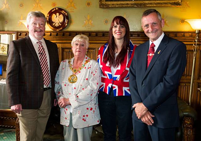 Simon Weston OBE at Rochdale Town Hall with (left to right) Mayor of Rochdale Carol Wardle, Acting Chief Executive Linda Fisher and Councillor Alan McCarthy