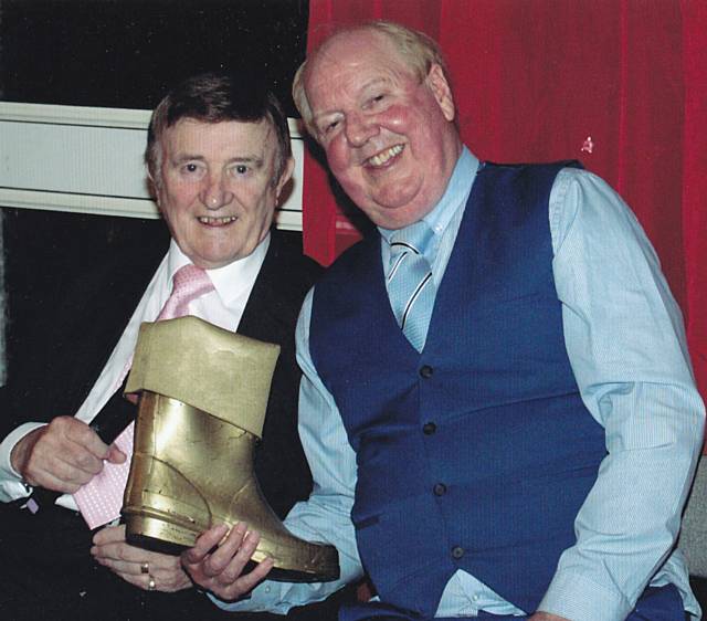 Eric Devereaux and Jimmy Cricket with the Golden Wellington Award 