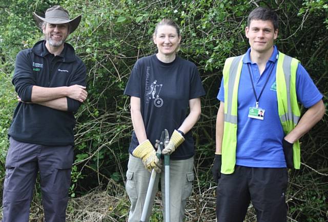 Dustie Hickey with Rochdale Borough Council ranger Richard Whittle (left) and Matthew Lynwood from Groundwork