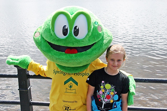 Springy the Hospice Frog with Jasmine Ogden at the Dragon Boat Race